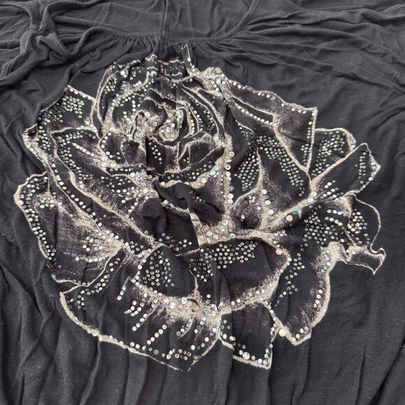 Vintage Y2K Mcbling Rhinestone Black Rose Cutout Sleeve Slouch Top Large - Picture 2 of 5